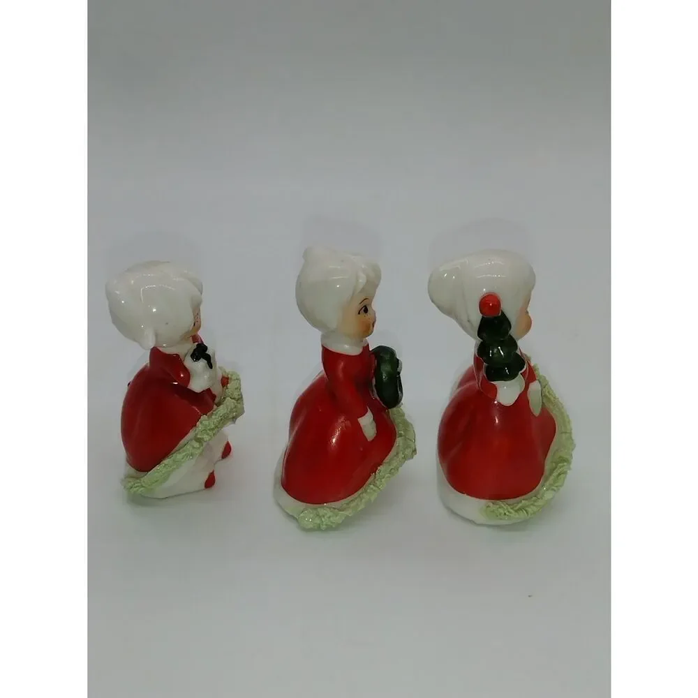 Vintage Enesco? Trio of Ceramic Carolers in Red Dresses with Spaghetti Trim
